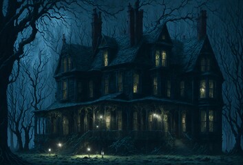 Fototapeta na wymiar An eerie, haunted manor with a sinister presence lurking in the darkness illustration