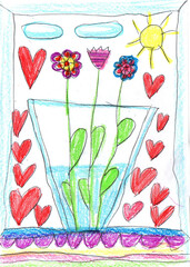 Children drawing bouquet of flowers. Pencil art in childish style