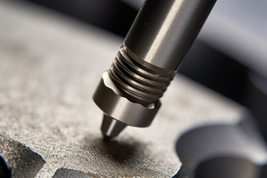 Precision Macro Examination: Assessing Material Hardness with Industrial Tester Needle on Textured Metal Surface