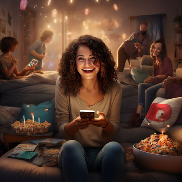30 Year Old Dark Haired Woman Holding A Smartphone With A Group Of Friends In A Living Room That's Decorated For A Party. We See Decorations, Comfy Pillows And Bowls Of Popcorn Along With Other Snacks