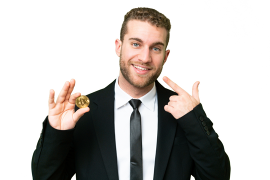 Young business blonde man holding a Bitcoin over isolated chroma key background giving a thumbs up gesture