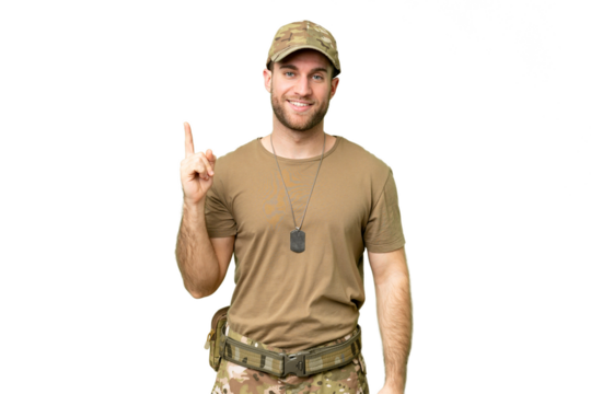 Military with dog tag over isolated chroma key background showing and lifting a finger in sign of the best