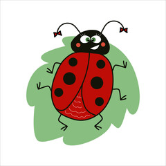 Cartoon funny ladybug with bows on a leaf. Vector doodle illustration