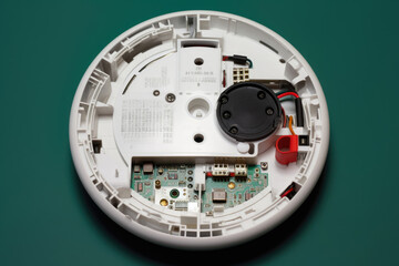 Comprehensive View of Smoke Detector's Intricate Internal Mechanism and LED Light Indicators: Ensuring Safety and Security in Homes and Workplaces