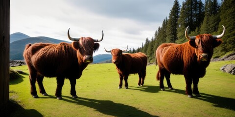 Scottish highlander or Highland cow cattle (Bos taurus taurus) in natural environment. Sometimes known as a Hairy Coo are a rustic cattle breed reared for beef . Banner - obrazy, fototapety, plakaty