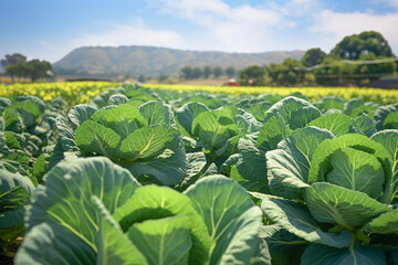 Growing organic vegetables and eco-friendly products. Rows of cabbage plantation grow in a field under the rays of the sun. Generative AI