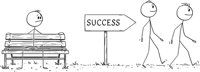 Person Sitting on Park Bench and Procrastinating , Vector Cartoon Stick Figure Illustration