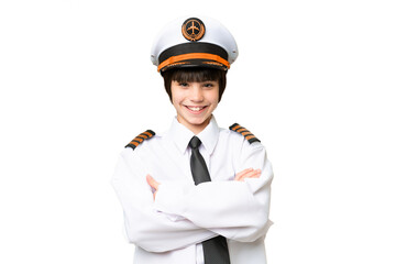 Little girl as a Airplane pilot over isolated chroma key background keeping the arms crossed in frontal position