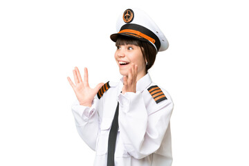 Little girl as a Airplane pilot over isolated chroma key background with surprise facial expression