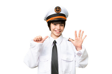Little girl as a Airplane pilot over isolated chroma key background counting six with fingers