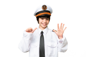 Little girl as a Airplane pilot over isolated chroma key background counting six with fingers