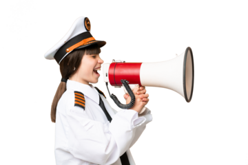 Little girl as a Airplane pilot over isolated chroma key background shouting through a megaphone