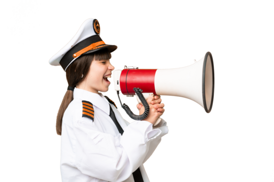 Little girl as a Airplane pilot over isolated chroma key background shouting through a megaphone