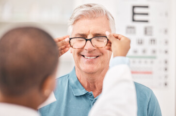 Optometrist, fitting glasses and senior man with smile, test and helping hand for healthy vision in...