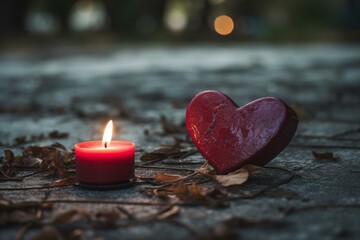 Daytime scene at a cemetery: a red heart-shaped candle rests on a tombstone on All Saints' Day, providing copy space. Generative AI