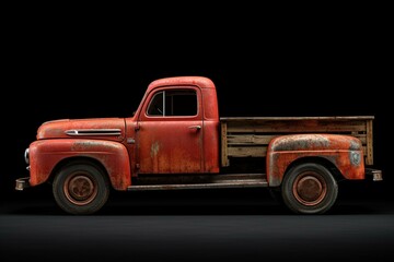 Side view 3D render of a vintage red pickup truck in a rusty condition, standing alone on a transparent background. Generative AI - obrazy, fototapety, plakaty