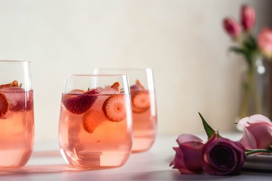 Close-up of rose-infused pink drinks on a white sunny background with copy space. Generative AI