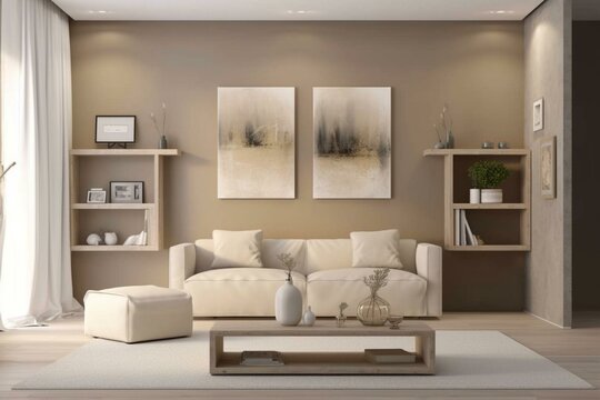 Beige living room canvas with 2 niches. Generative AI