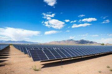 Solar panels in a desert with a sunny blue sky and clouds. Generative AI