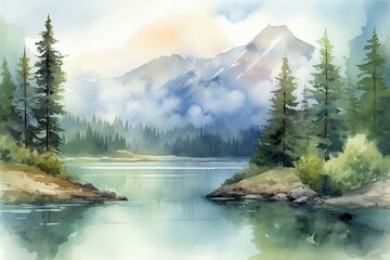 A serene landscape painting with a lake, lush trees, and towering mountains, created using watercolors. It features a horizontal border pattern. Generative AI