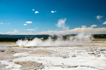 Steam Rises From Fountain Geyser On Summer Day