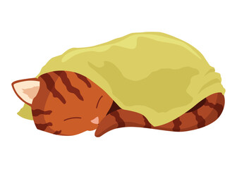 Cat character in blanket. Cartoon drawing of adorable comic domestic animal in warm clothing isolated on white background. Vector illustration