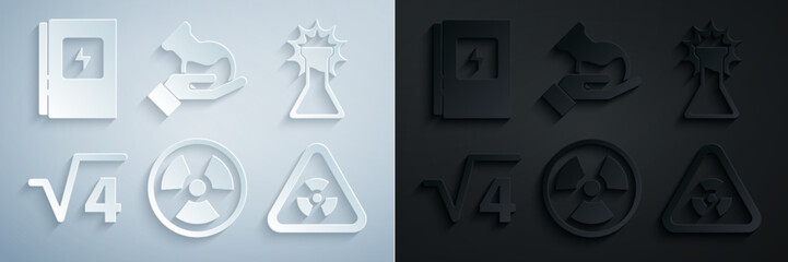 Set Radioactive, Test tube and flask, Square root of 4 glyph, Triangle with radiation, and Electrical panel icon. Vector