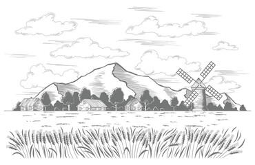 Rural landscape field wheat. Vintage meadow with high mountains and clouds, village vintage sketch. Hand drawn farm land vector illustration