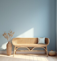 The image features a minimalist interior design with a modern rattan sofa with cushions, all against a calming blue wall with sunlight casting a soft shadow.