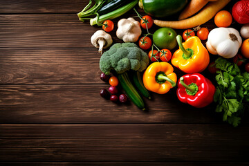 Fresh vegetables on dark wooden table. Health food. View from above. Space for copy. Generativ AI