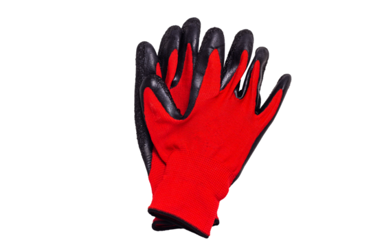 Red plastic gloves isolated on white background. garden cloth gloves, clipping path - Powered by Adobe