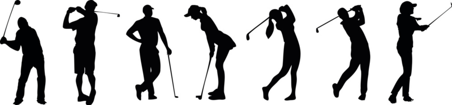  seven silhouettes of golfers in various poses vector, this image captures the dynamic movements of the sport. From swinging to putting, each silhouette tells a story of focus, precision, and passion.