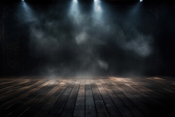 Wooden floor and smoke on a black background. Mock up design