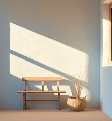 Wooden bench in the room with a shadow from the window, mockup