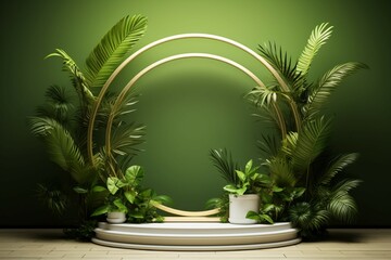 Paradise presentation white podium, tropical greens, and gold arch create an enchanting display Generative AI