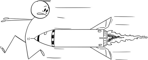 Person Running Away From Missile or Rocket, Vector Cartoon Stick Figure Illustration