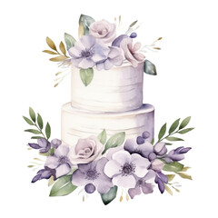Watercolor wedding cake with flowers isolated.