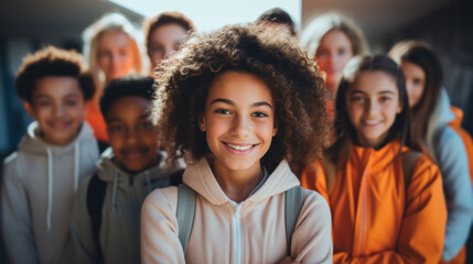 A group of multiracial children leaving school.
