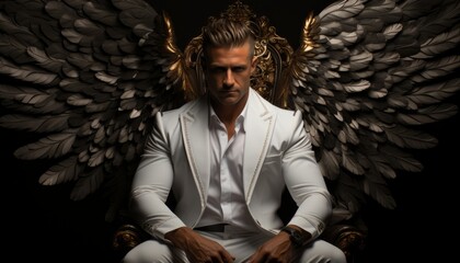 Glamorous successful man in a suit and angel wings, a fashionable man sits in a chair. Made in AI