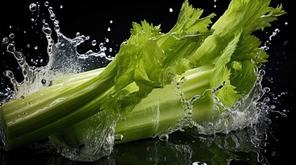 Fresh green celery exposed to water splash on black background and blur