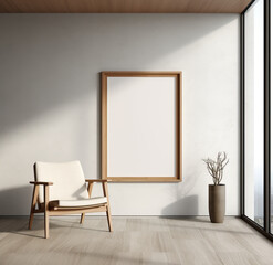 An empty room with a chair and a blank frame on the wall, frame mockup