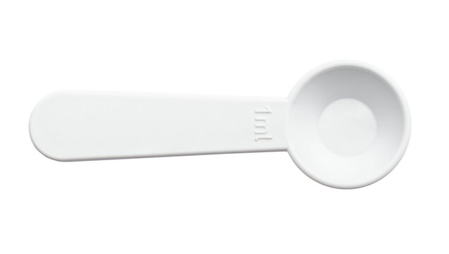 top view of white plastic measuring spoon for 1 ml of volume cutout on white background