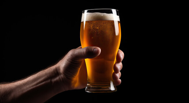 Cropped image of male hand holding glass of lager foamy beer isolated over black background. Oktoberfest drink. Concept of alcohol, drink, party, degustation, holiday. Copy space for ad