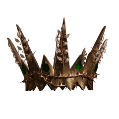 A 3d rendered fantasy golden crown with leaves, thorns and emerald green crystals, isolated on a transparent background. 