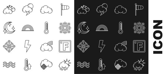Set line Cloud with rain and sun, Fahrenheit, Snowflake, Rainbow clouds, Moon stars, Sun weather and Thermometer icon. Vector