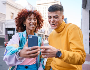 City, funny and man with woman, smartphone and smile with connection, meme and social media....