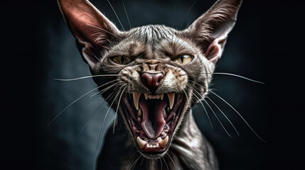 Portrait of Peterbald or Donskoy cat gazing and meow furious. Sphynx Cat Breed looking badass and open mouth very angry. Generative Ai