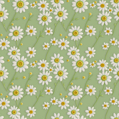 Chamomile Flowers with leave seamless pattern on green background. Seamless pattern of daisy flower. Seamless floral pattern, Floral template Illustration. Wallpaper pattern.