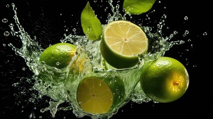 Fresh green limes splashed with water on black and blurred background