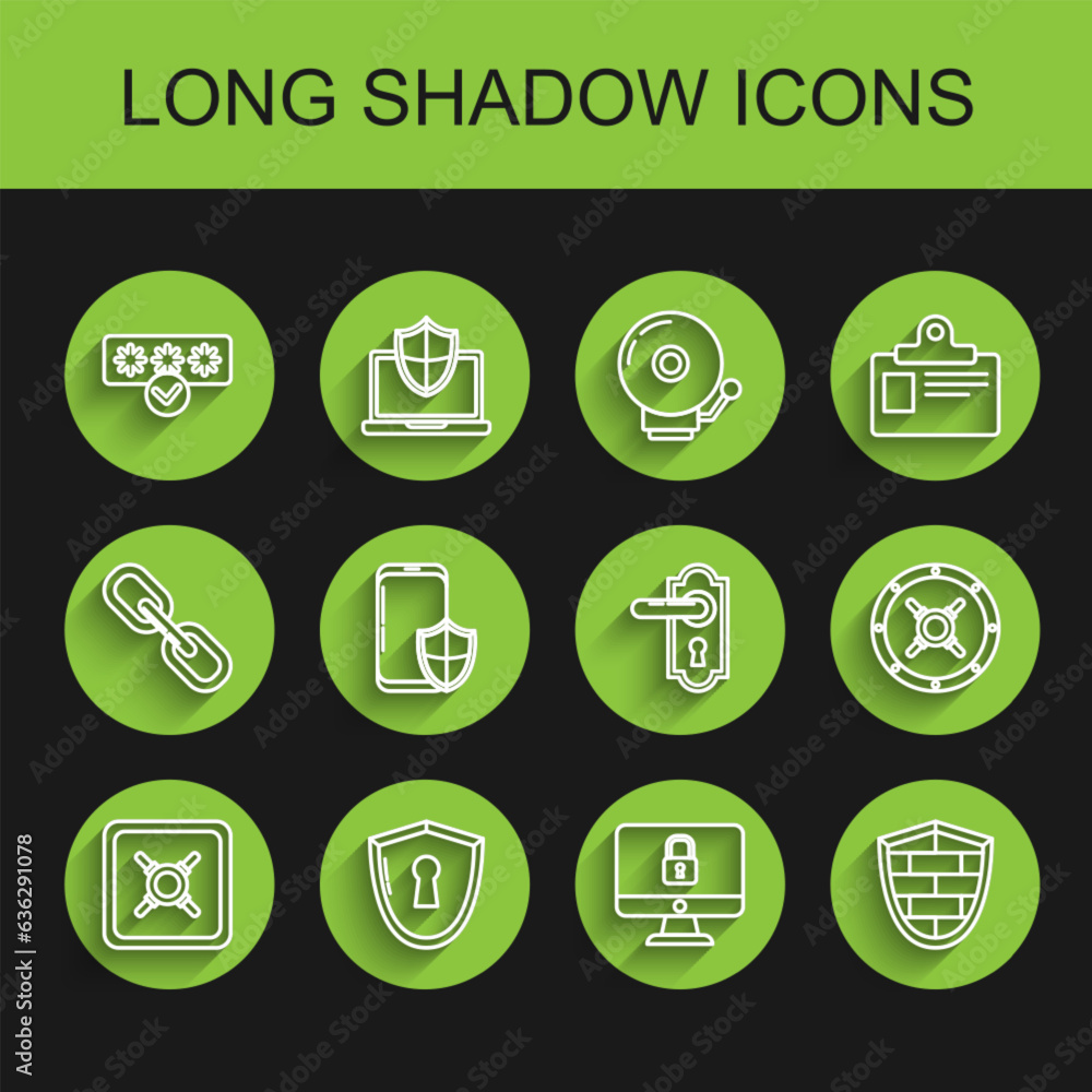 Poster set line safe, shield with keyhole, password protection and safety access, lock computer monitor scr